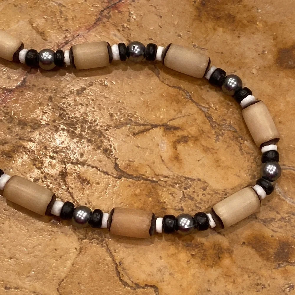 Coconut Wood Bead Necklace with Metal Spacer Accent Beads